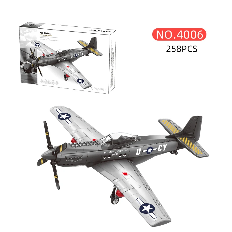 4006 Military Series P-51 Mustang Fighter Model Compatible Small Particle Children Unisex Educational Building Block Toy Set