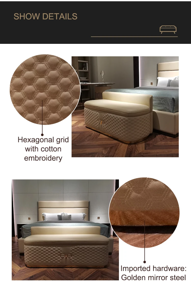 Modern European Bedroom Furniture Bed End Stool Solid Wood Frame Leather Luxury Bed End Stool Bench