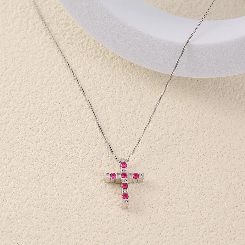 Rose Red CZ Cross Pendant Necklace 925 Sterling Silver Couple Necklace Religious 18K White Gold Jewelry