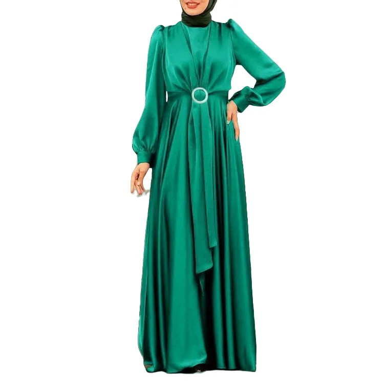 Modest Long Dress with Bubble Sleeve Cross Strap Design Button Simple Style Solid color for Dubai Muslim cabaya