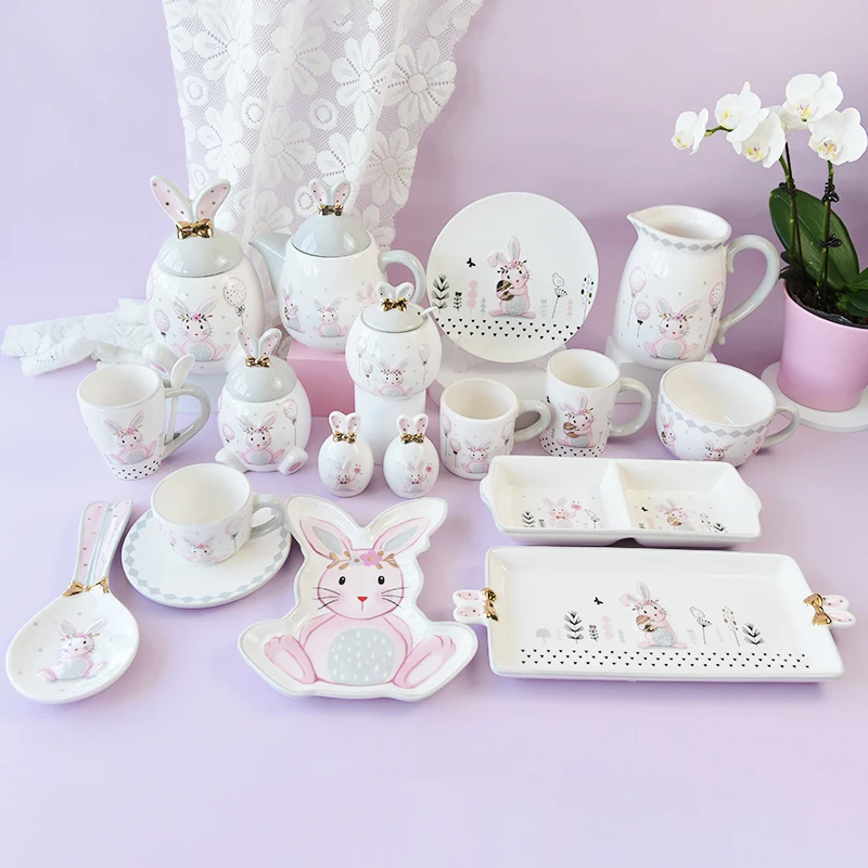 Bunny with Gold Laurel Wreath Ceramic Teacup Saucer Pink Easter Decorate with Hot Air Balloon