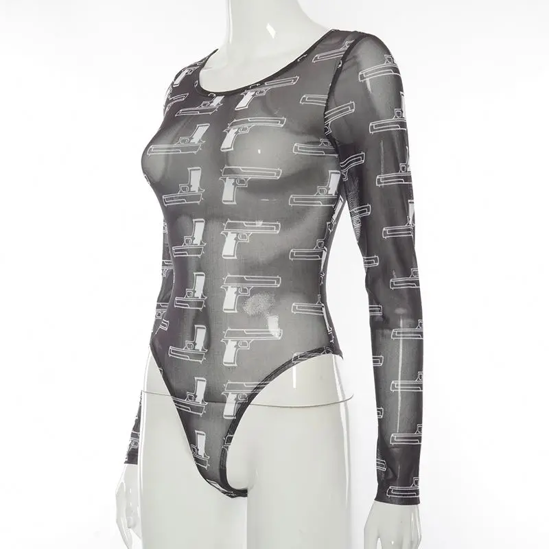 
A908B Spring Pistol Black O Neck Bodysuits Women Casual Long Sleeve Elastic Print Rompers Short Lady Skinny Body Top 