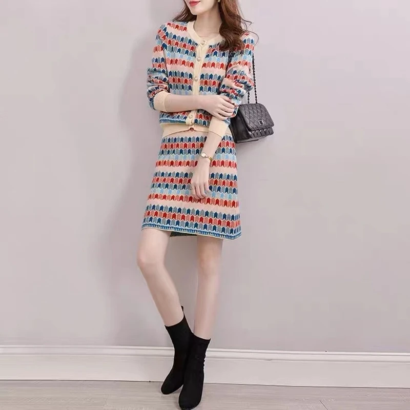 Sweater Women Two Piece Clothing Buttoned Fall Long Sleeve Knit Top And Skirt Set