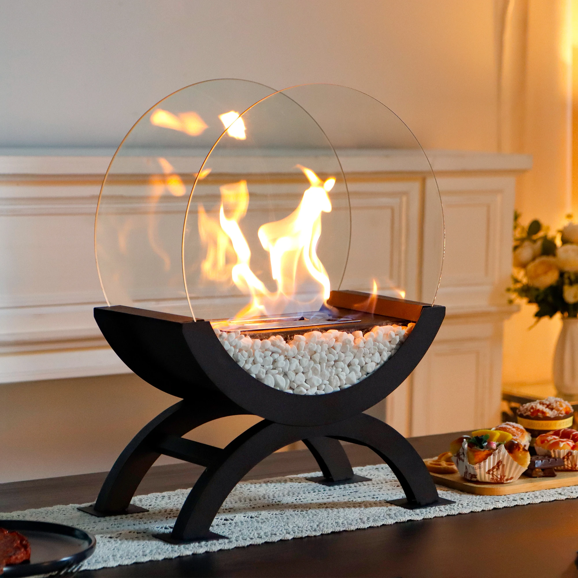 Unique Large Black Ethanol Fireplace Indoor Outdoor Decorative Floor Fireplace With White Stone