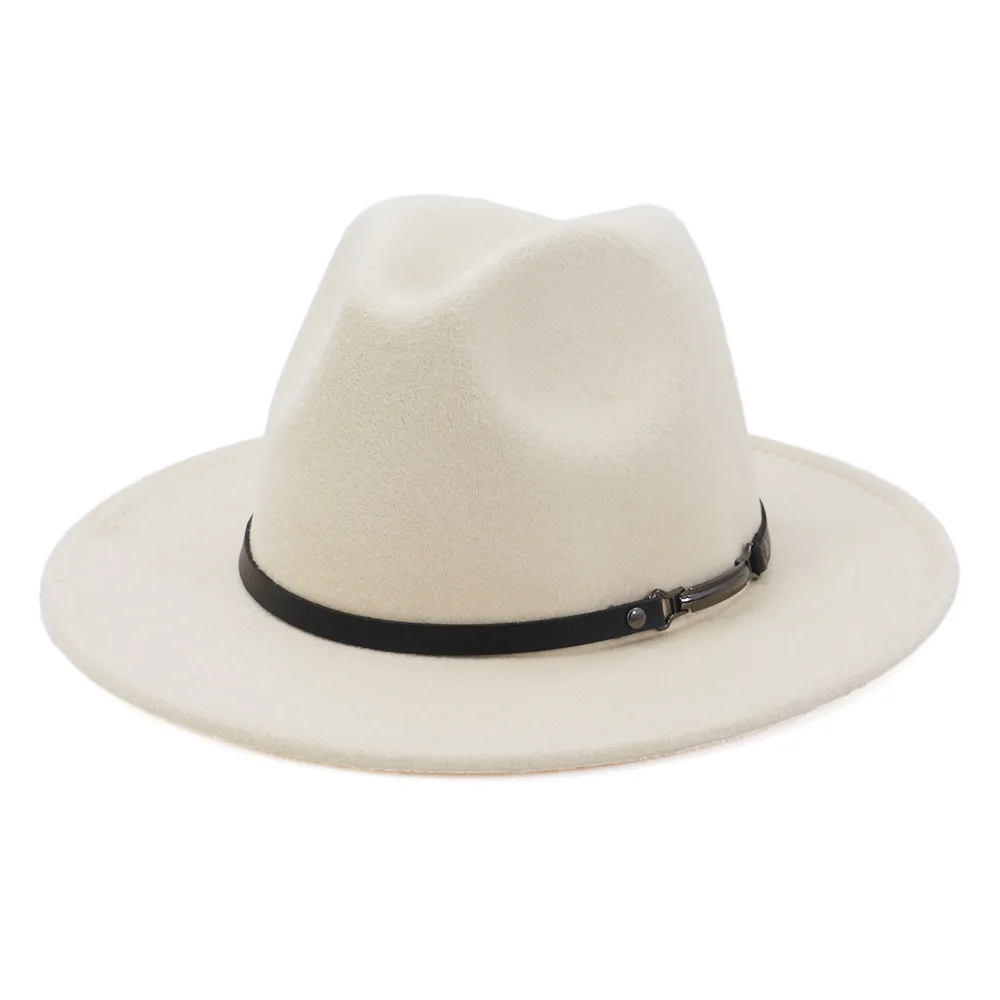 Belt Metal Buckle Plain Color Fedora Hats Women Retro Wool Flat Eaves Jazz Cap Men Winter Portable Windproof Cowboy Hat