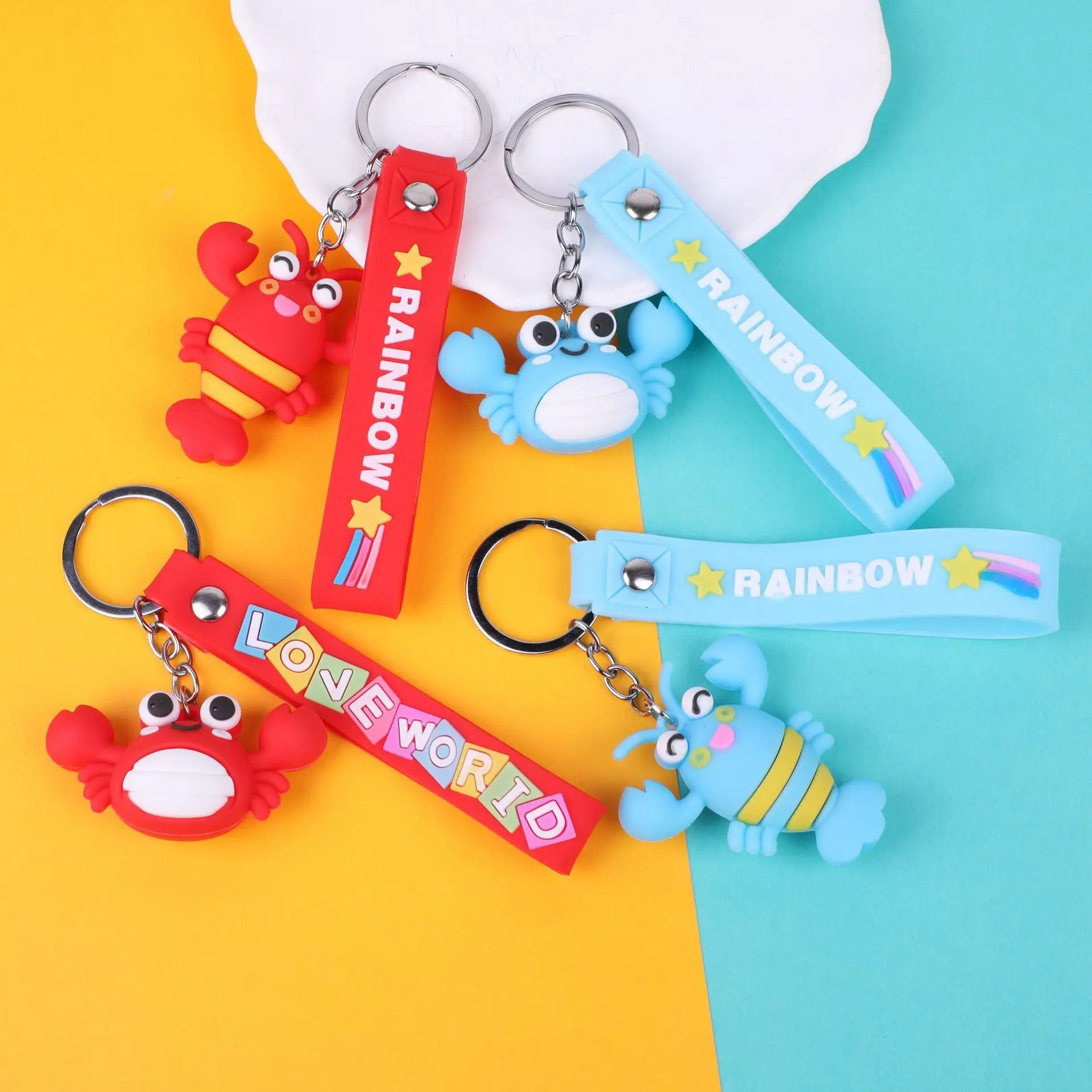 Cartoon ocean world keychain PVC lobster crab bag pendant car keychain hanging rope pendant Promotional Gift