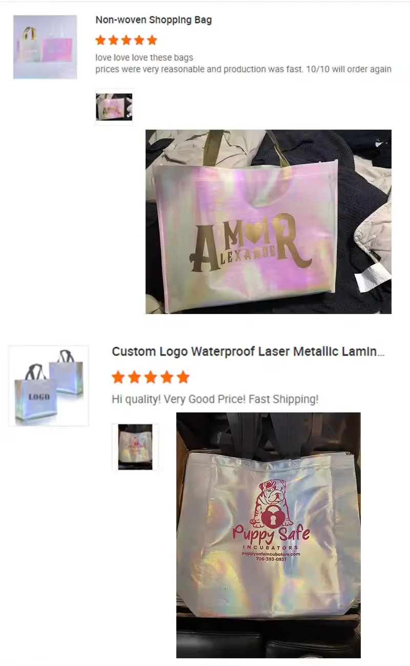 Custom Print Logo Extra Large Supermarket Grocery Tote Eco Reusable Promotional Holographic Laser Pink Iridescent Shopping Bag