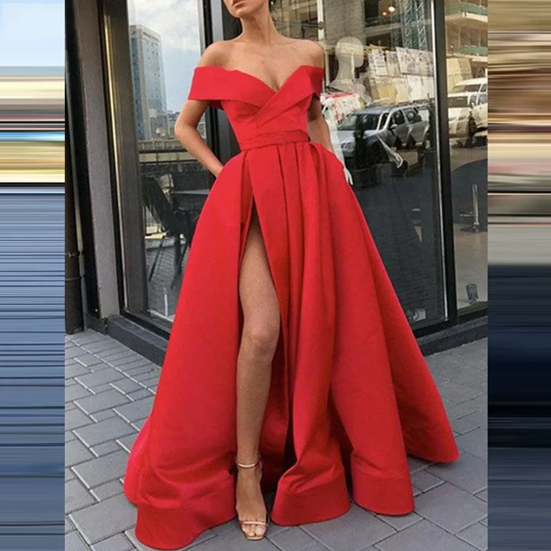 GDTEX Custom Women Satin Aline Floor-Length Dress Pleated Bottom Off-Shoulder Open Back Prom Dress For Birthday Party Club Dress