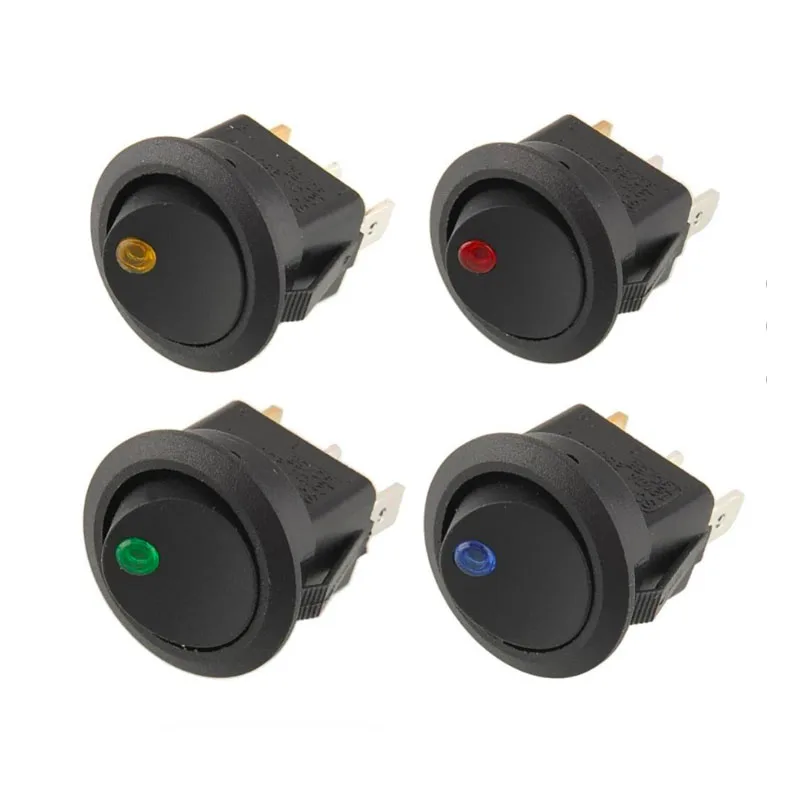 Kcd1 3 Pin Round Car Switch 12V 20A Led Rocker Switch Waterproof Push Button Switch Spst Red,Yellow,Blue,Green Lighting