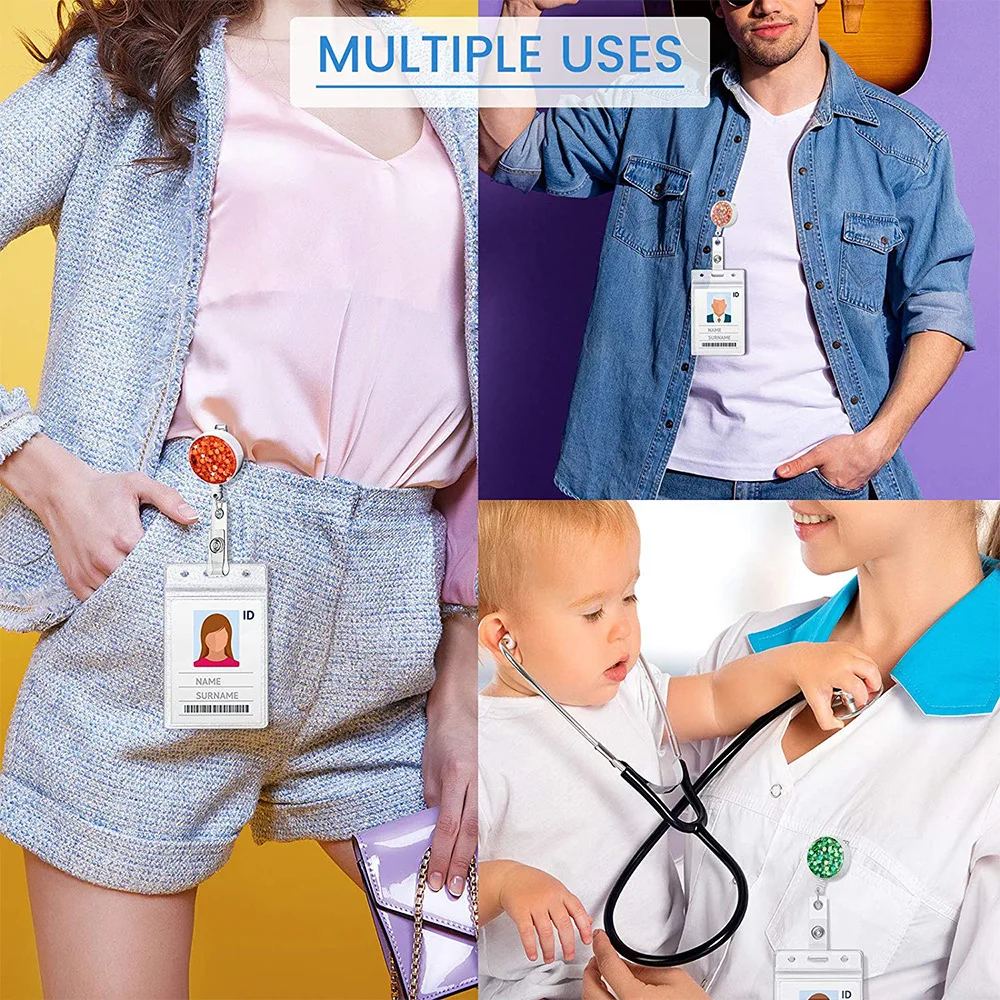 Fashion Design Glitter Reel Badge Retractable Round Nurse ABS Badge Holder With 360 Degree  Alligator Clip