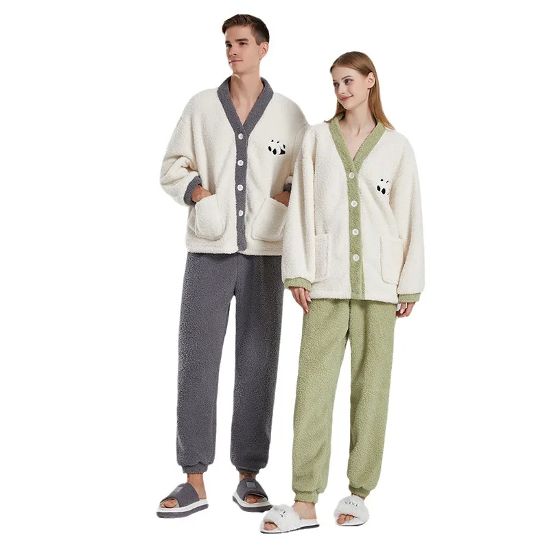 Couple pajamas female winter coral fleece thickened loungewear soft cartoon panda couple pajamas suit generation hair