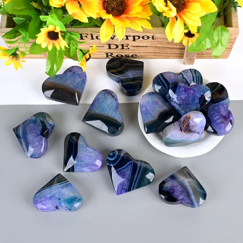 Hand Carved Natural Crystal Heart Palm Stone Purple Lace Agate With Druzy Heart For Healing