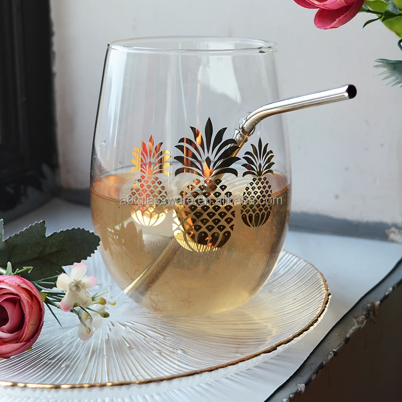 Custom logo Borosilicate Wine Glass cup with straw dishwasher safe