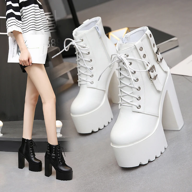 High Heels Shoes for Women Sexy Lace-up Zipper Booties Big Size 43 Shoe Women Chunky heels Ladies Boots Square Heel