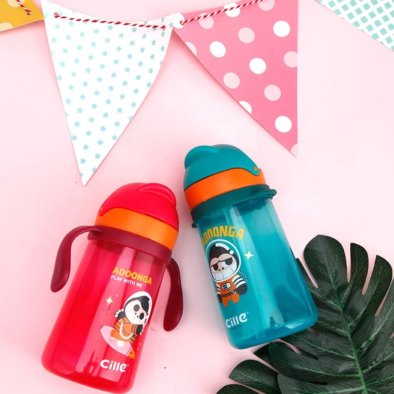 Cille 460ml Custom Cartoon Children Bottle Travel leakage-proof Plastic BPA Free Kids Drinking Cute Water Bottle with Straw