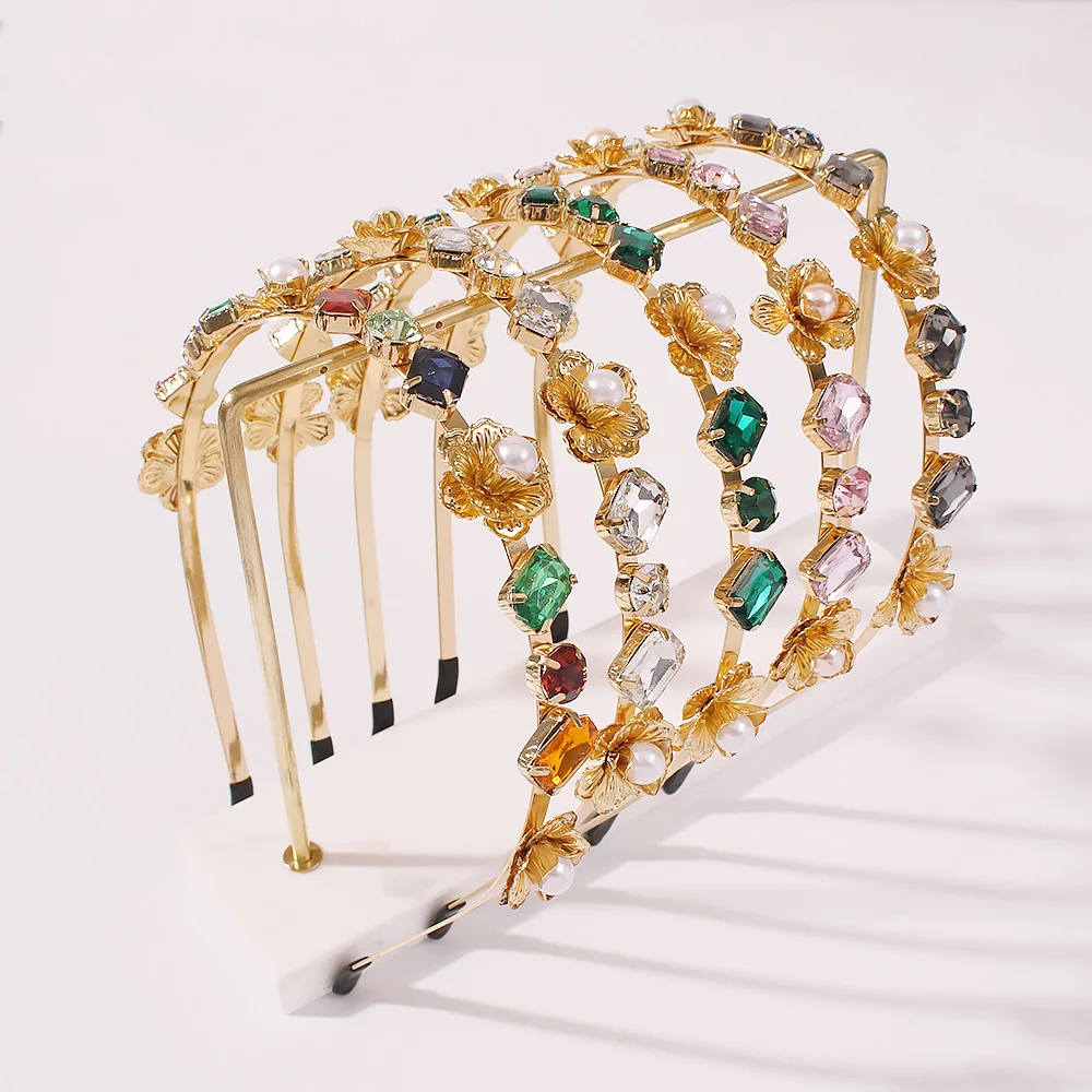 Luxury Hair Accessories Square Round Thin Metal Head Hoop Crystal Diamond Headband For Women Flower With Pearl