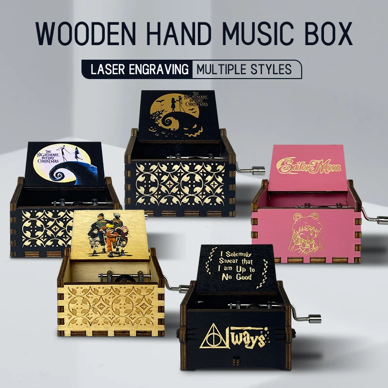 New Arrival Customized Wooden Mini Music Box Hand Cranked Laser Engraved Music Boxes Custom Song Christmas Gifts