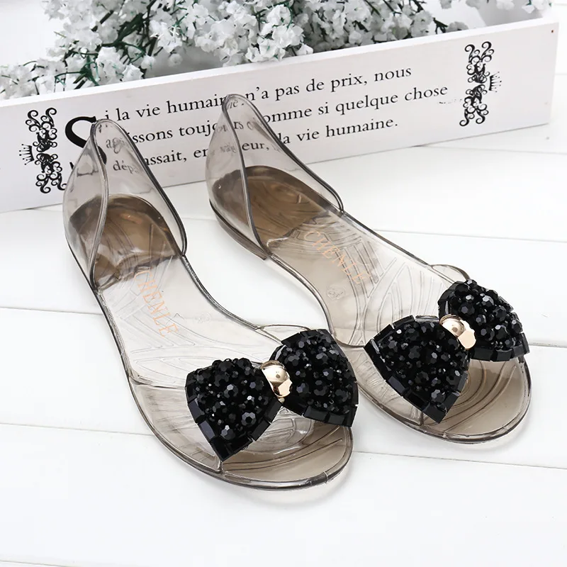
Professional design crystal fish mouth transparent flat shoes latest rhinestone soft bow Jelly sandals for women and ladies 