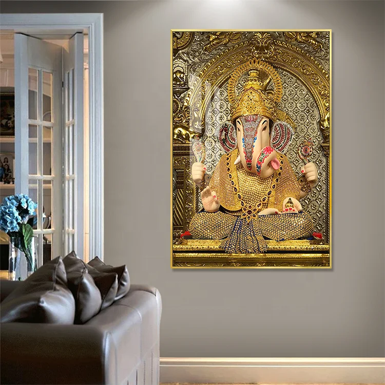 Religious Golden Elephant Decorative Paintings Crystal Porcelain Buddha Picture Lord Ganesha Wall Art For Home Decoration
