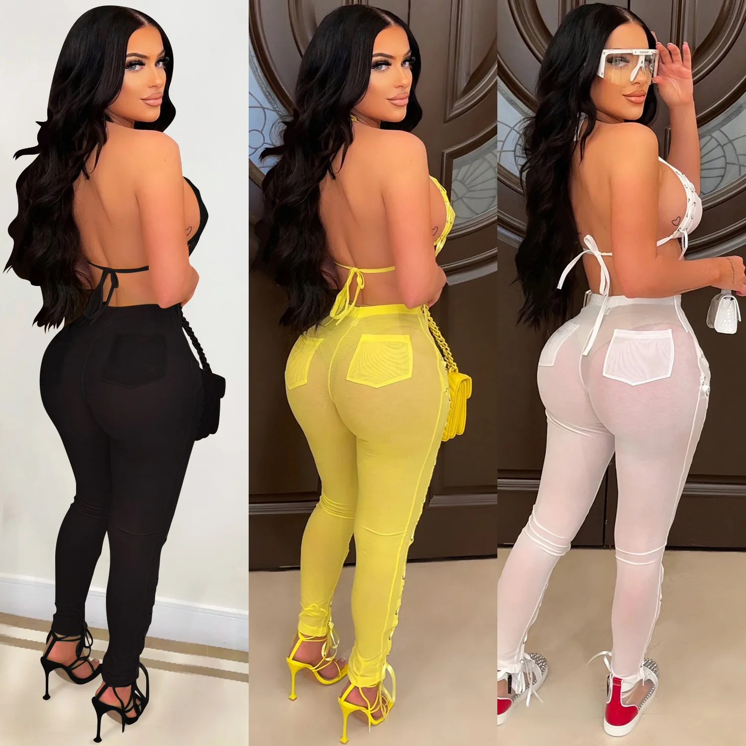 2022 Women Sexy Summer 2 Piece Pant Set Clothing Outfits Jogging Sets Casual Mesh Jumpsuits Two Piece Pant Set Outfits