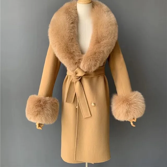European handmade sew mongolia fur real fox fur collar belt design slim fit long cashmere coat winter women fashion wool coat
