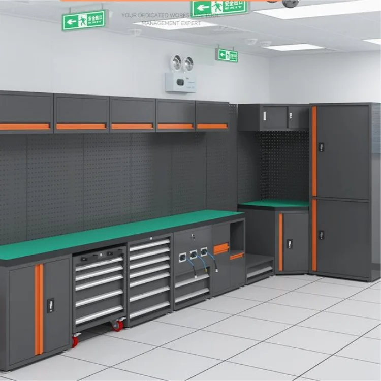 Car Repair Hand Tools Storage Cabinet Top Hanging Cabinets 2 Door Drawers Chest Work Station with Hooks and LED Lights