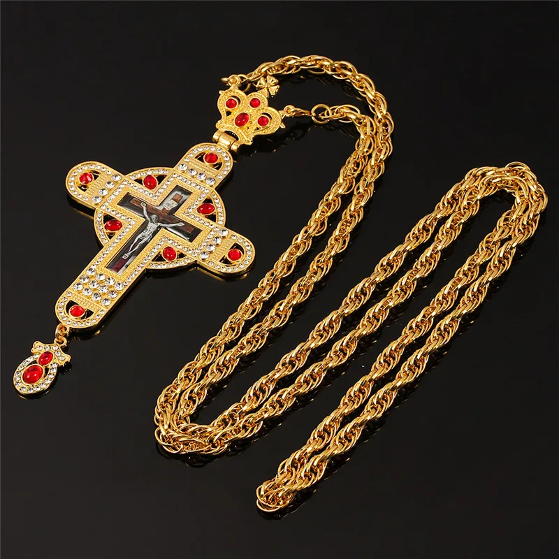 European Greek Russia Style Orthodox Religious Cover Chain Shinny Jesus Crystal Men Women Pectoral Cross Necklace with Box
