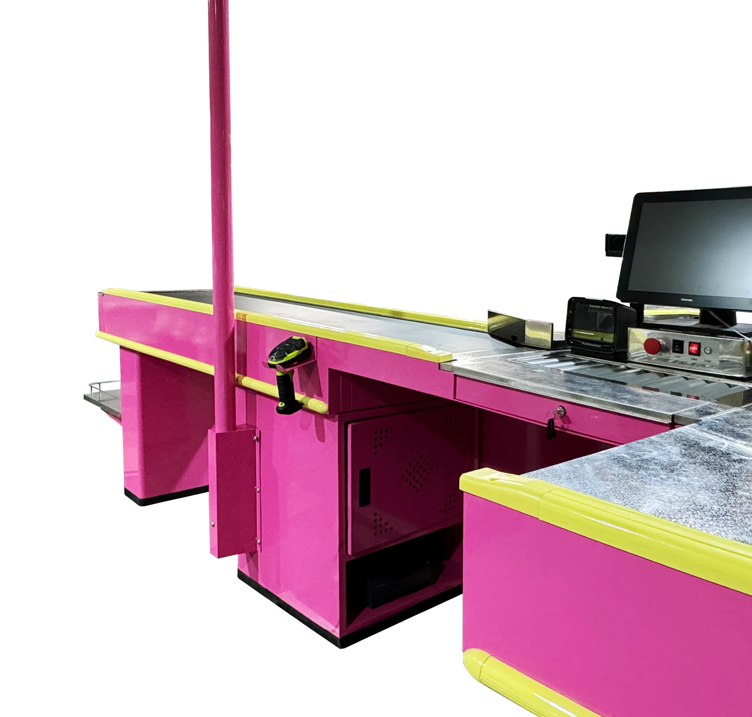 Hot Sell Supermarket Cashier Counter Pink Colour Retail Checkout Counter Store Cash Register Cashier Desk With Conveyor Belt