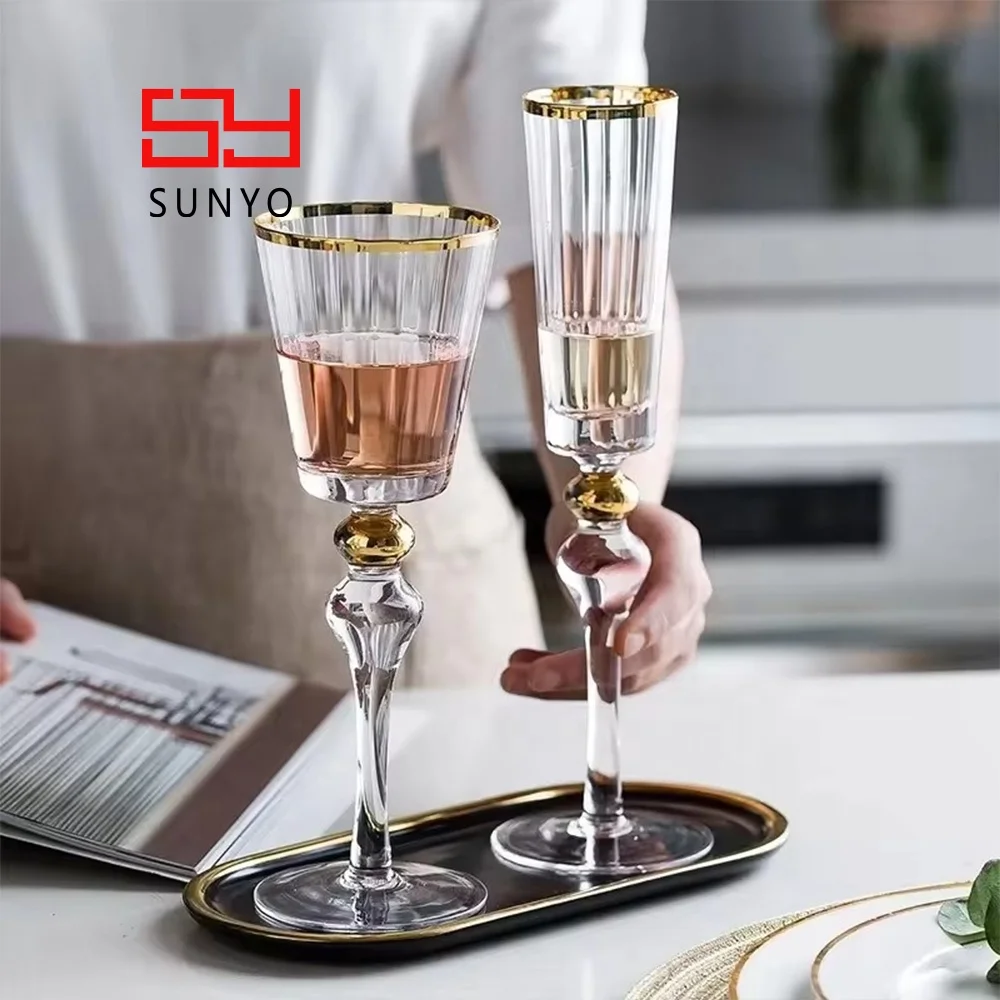 Hot Sale European Style Ripple Gold Rim  Handmade Goblet Red Wine Champagne Glass Set for Restaurant Family