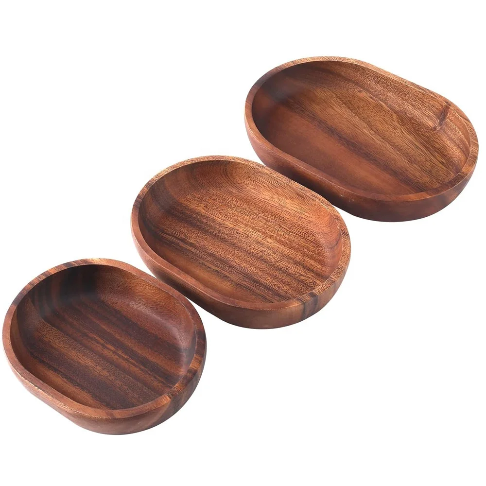 Wooden Salad bowl 3-piece Oval dessert display tray ideal for fruit food salad mixing and serving bowls