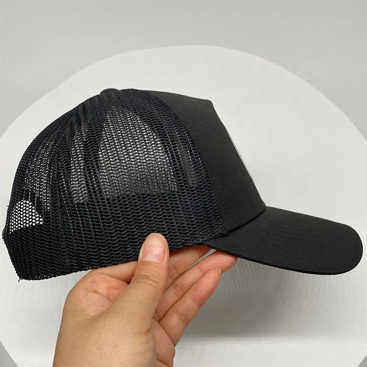 Custom flat embroidered circle woven patch trucker cap 5 panel black nylon trucker hat