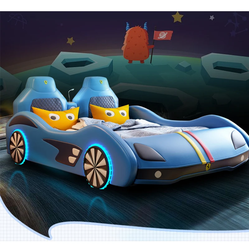 Modern Kids Children Car Bed Customized Wood Bedroom Furniture Music Led Light Upholstered Single Child Bunk Bed for School