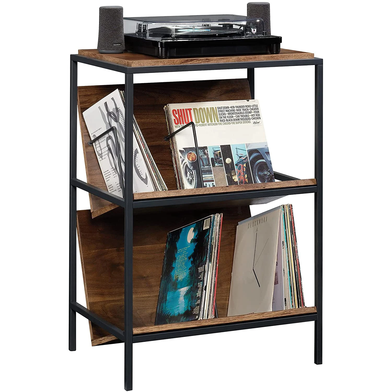 Retro Industrial Living Room Record Player Stand Storage Shelf 2 Tire Side Table