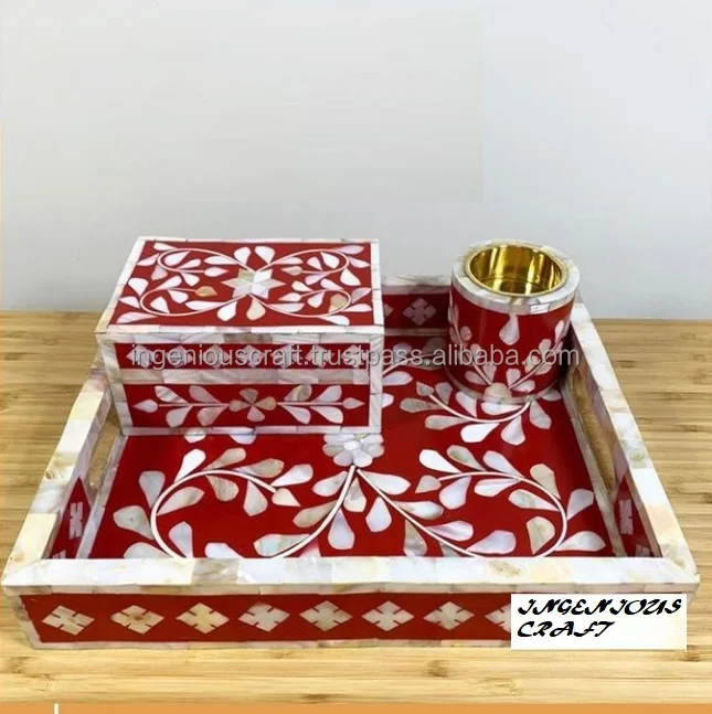
Top selling MOTHER OF PEARL inlay/bone inlay FLORAL serving tray with mabkhar and mother of pearl round small bakhoor burner 