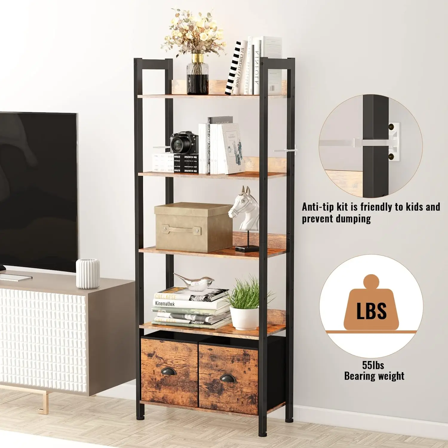 Bedroom Living Room Office Modern Rustic Brown Tall Shelves Storage Organizer Drawers Bookshelf Bookcase Wood Metal Book Shelf