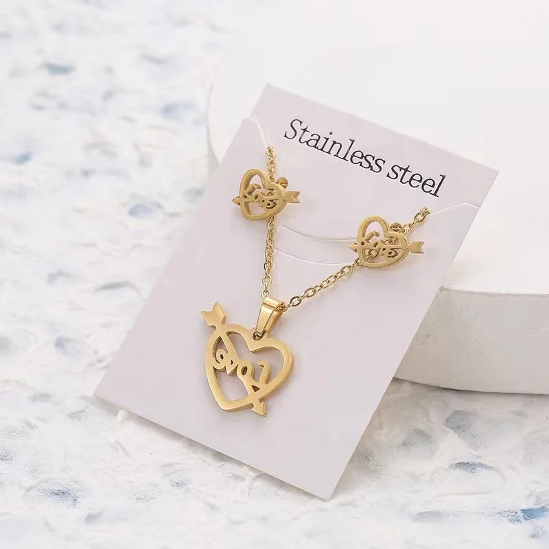 Of Gold-plated Jewelry, Necklace, Earring Set Stainless Steel Geometric Earrings, Love Collarbone Chain, Three Piece Gold Plated