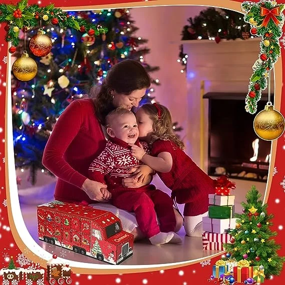 Red Truck Advent Calendar Countdown to Christmas with 24 Storage Drawers Refillable Wood Advent Christmas Wooden Advent Calendar