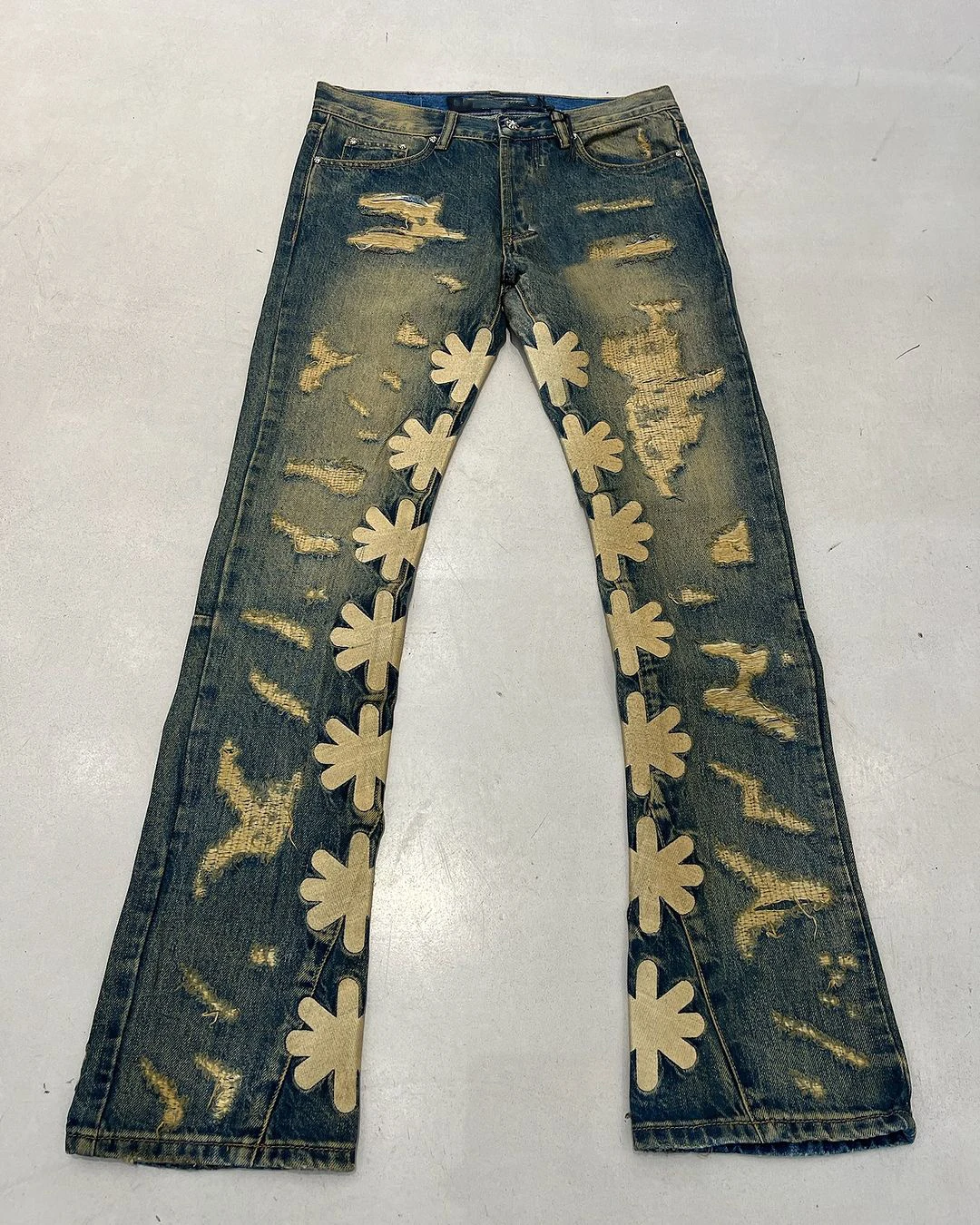 Custom Skinny Stretch Plain flared stacked jeans OEM italian men high quality vintage denim ripped men