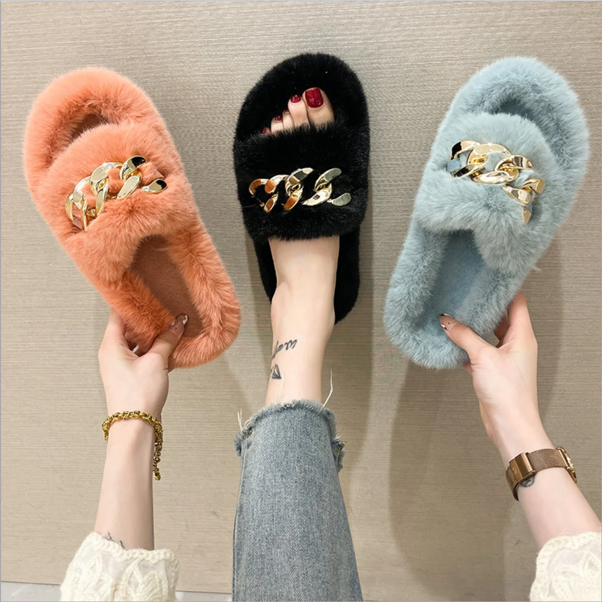 Fluffy Furry Autumn And Winter Slippers House Indoor Multi color Faux Fox Fur Slippers For Women