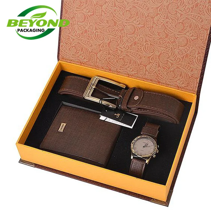 Custom Luxury Fashion Logo Print Kraft Paper Men Leather Belt Watch and Wallet Packing  Magnetic Gift Box for Gift Sets