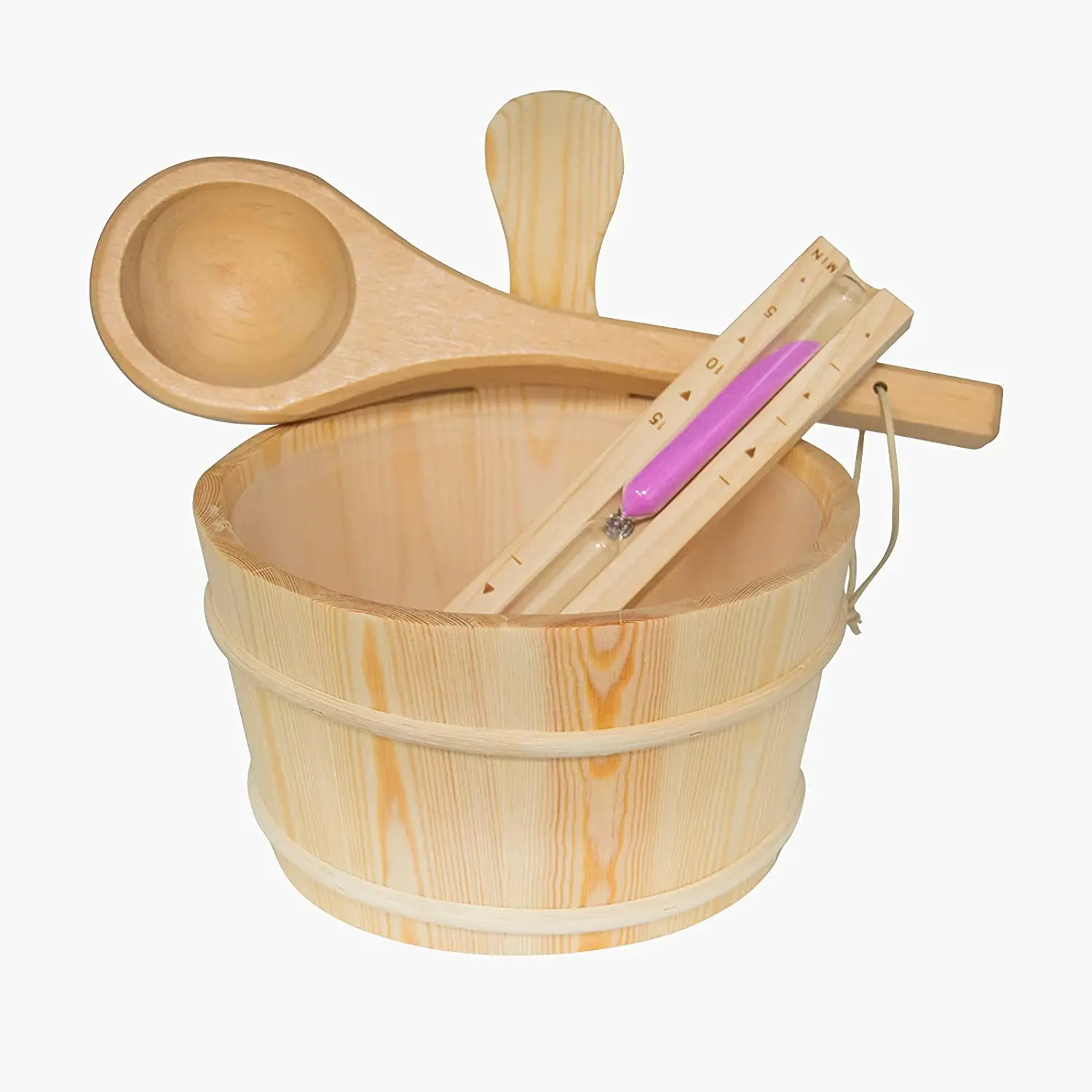 Handmade Sauna Bucket Ladle Set Premium White Hourglass Sand Timer Traditional Wooden Water Bucket with Plastic Liner for Sauna