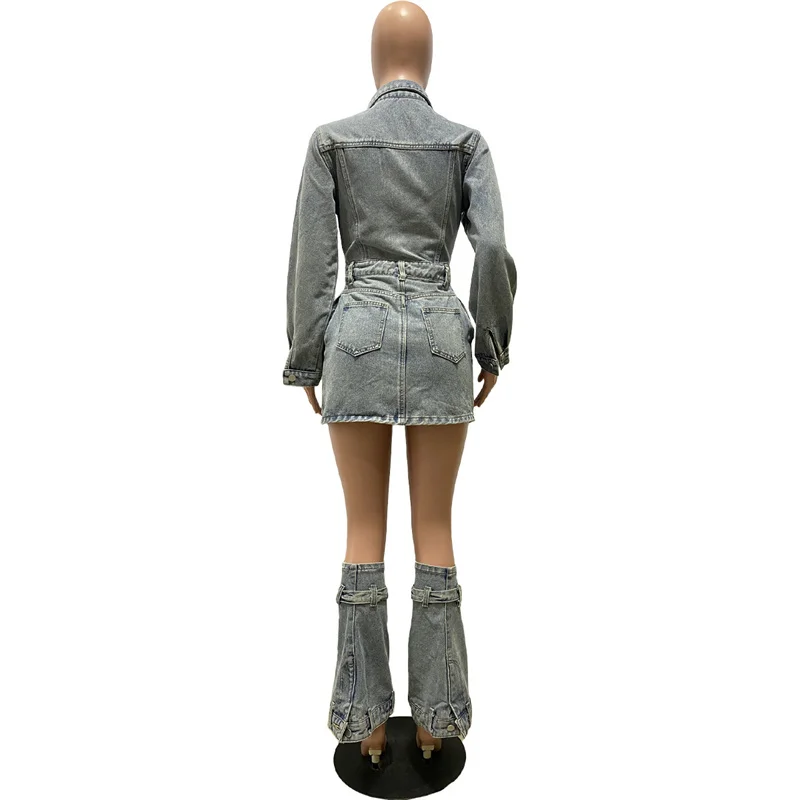 New Arrival Female Long Sleeve Denim Dress Sexy Skirt 3 Piece Set Casual Button And Trouser Legs Hip Hop Skirt For Women