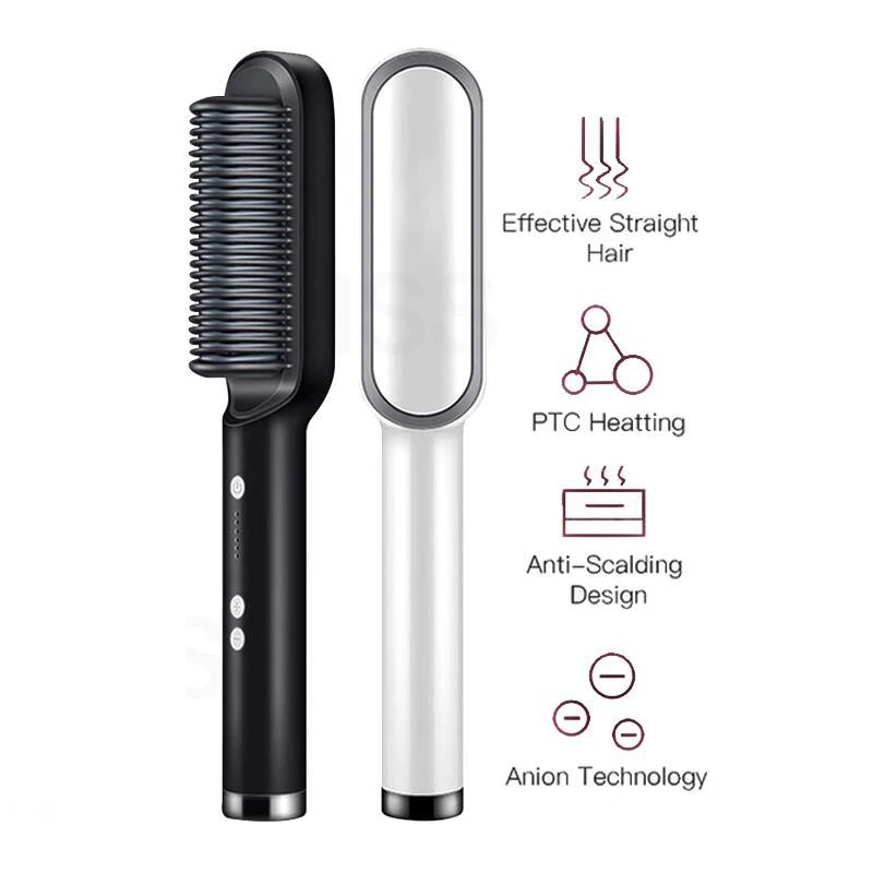 2 In 1 Multi Function Hair Curler & Straightener Brush Straightener Curling Iron Ceramic Heated Electric Comb