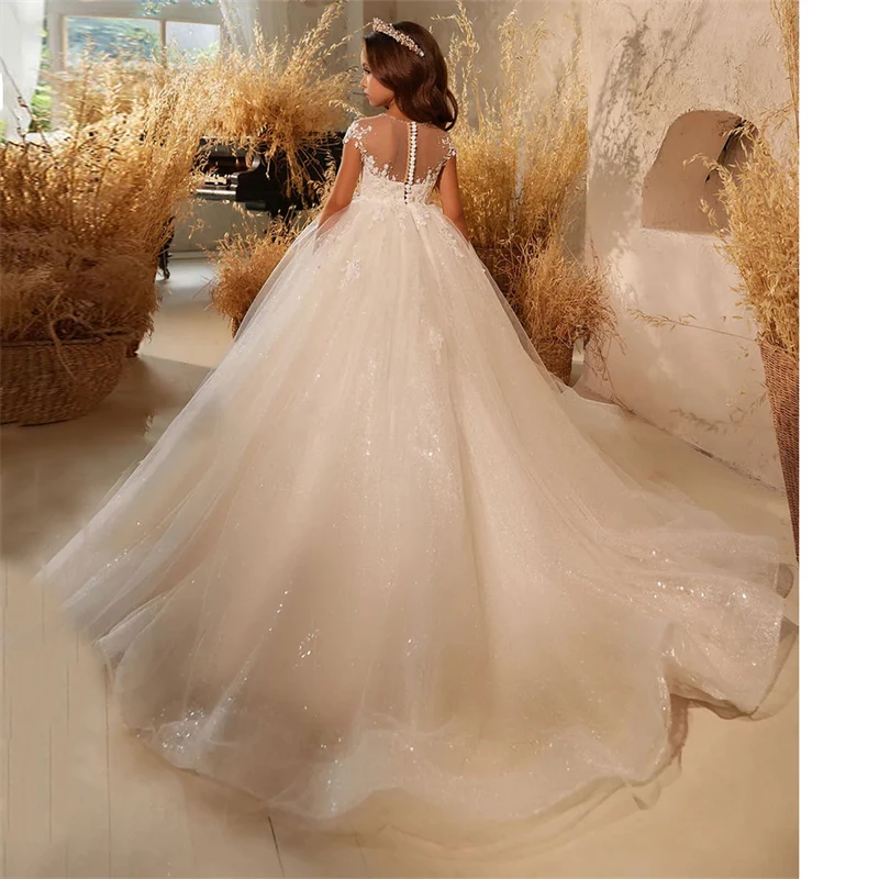Top Quality Flower Girls Wedding Dresses Princess Lace Applique Floor Length Prom Gown Kids Formal Evening Dresses