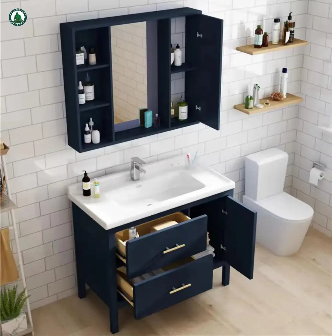 2022 New Customized Modern Bathroom Vanity Popular Blue Bathroom Cabinet Set With Storage Mirror With Metal Legs
