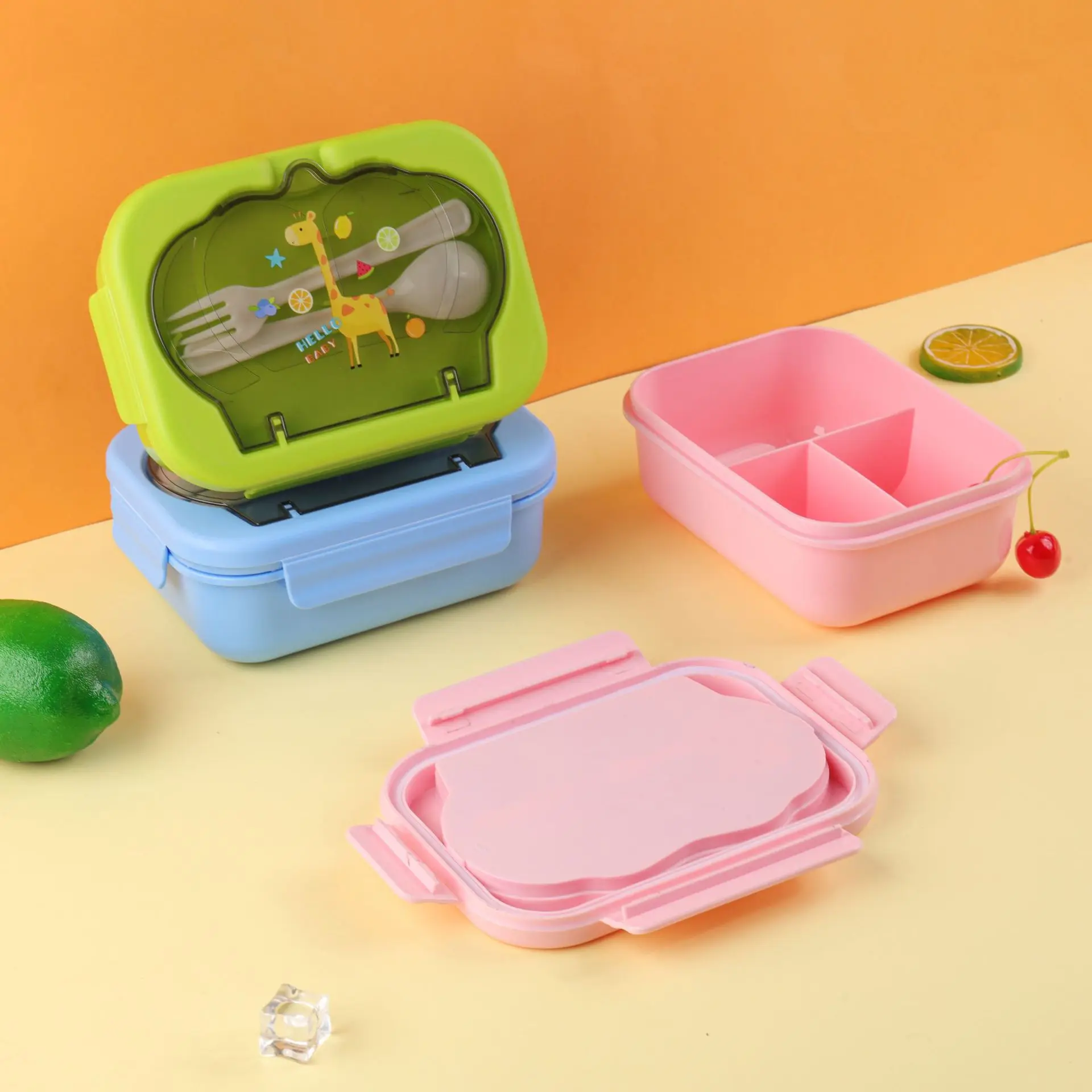 High Quality Cartoon Plastic Bento Lunch Box Portable Thermal Food container Storage with Compartments for School Kids