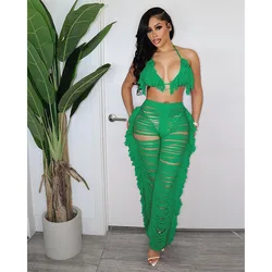 Sexy See Through 2 Pieces Pant  Set Mesh Crochet Dress Knit Women Beachwear Bathingsuit Swimwear Bikini Beach Cover Up Swimsuit