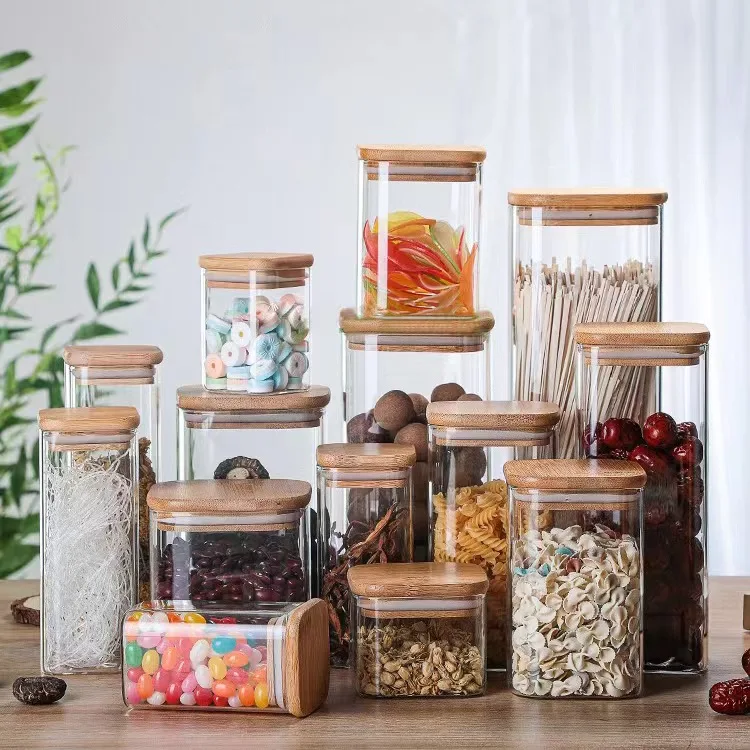 Kitchen Canisters Glass Food Storage Jars with Bamboo Wooden Lids For Sugar,Candy Containers