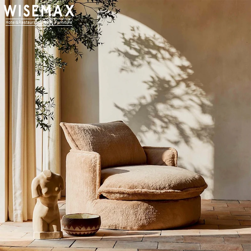 WISEMAX FURNITURE linen fabric feather down single sofa set luxury sofas round shaped floor couch sectional fabric sofa set