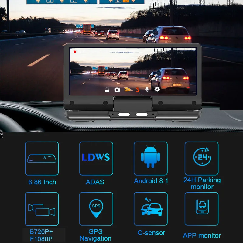WiFi 4G Dual Lens Dash Cam 6.86 inch GPS Navigation ADAS Rearview Camera Android 8.1 Video Recorder 1080P Car Dashboard DVR